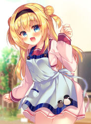 Rule 34 | 1girl, :d, apron, black hairband, blonde hair, blue apron, blue eyes, blurry, blurry background, blush, chitose sana, commentary request, depth of field, double bun, flat screen tv, hair bun, hair intakes, hairband, highres, indoors, long hair, long sleeves, looking at viewer, open mouth, pleated skirt, red sailor collar, sailor collar, school uniform, serafuku, shirt, skirt, sleeves past wrists, smile, solo, suzunone rena, television, tenshinranman, two side up, very long hair, white serafuku, white shirt, white skirt