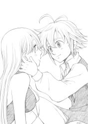 Rule 34 | 10s, 1boy, 1girl, antenna hair, artist name, bare shoulders, blush, couple, elizabeth liones, greyscale, hand on another&#039;s face, harumiya, highres, long hair, long sleeves, looking at another, meliodas, monochrome, nanatsu no taizai, smile, vest