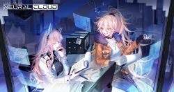 Rule 34 | 2girls, absurdres, animal ears, black gloves, blonde hair, breasts, cat ears, character name, choker, clipboard, closed eyes, coffee, collarbone, commentary, cup, desk, english commentary, fingerless gloves, fur collar, girls&#039; frontline, girls&#039; frontline neural cloud, gloves, hair ornament, hair scrunchie, highres, hitokoto, holding, holding clipboard, holding cup, id card, jacket, jewelry, computer keyboard, lab coat, large breasts, long hair, long sleeves, looking at another, monitor, mug, multiple girls, necklace, on desk, open mouth, orange jacket, paper, persicaria (neural cloud), pink hair, ponytail, revision, ribbed shirt, scrunchie, second-party source, shirt, smile, sol (neural cloud), white shirt, yellow eyes