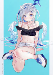 Rule 34 | 1girl, :o, absurdres, amane kanata, animal ears, aqua background, bandaid, blush, breasts, cleavage, collarbone, commentary request, grey shorts, hair between eyes, hair ornament, hairclip, highres, hololive, jewelry, long hair, looking at viewer, medium breasts, midriff, navel, off-shoulder shirt, off shoulder, parted lips, pendant, pillarboxed, purple hair, shia job, shirt, shoes, short shorts, shorts, silver hair, sitting, sneakers, solo, virtual youtuber, white wings, wings