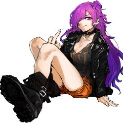 Rule 34 | 1girl, boots, breasts, cleavage, closed mouth, fire emblem, fire emblem: three houses, fire emblem warriors: three hopes, hair bun, hair over one eye, highres, jacket, large breasts, leather, leather jacket, long hair, looking at viewer, middle finger, nintendo, purple eyes, purple hair, shez (female) (fire emblem), shez (fire emblem), shorts, simple background, single hair bun, smile, solo, yodosumiori