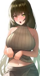 Rule 34 | 1girl, bare shoulders, breasts, brown hair, clothes lift, girls&#039; frontline, heterochromia, highres, krs (karasu), large breasts, long hair, looking at viewer, multicolored hair, navel, open mouth, pleated skirt, ribbed shirt, ro635 (girls&#039; frontline), shirt, skirt, sleeveless, sleeveless shirt, streaked hair, sweatdrop, turtleneck, very long hair, white background