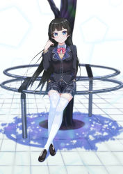 Rule 34 | 1girl, black hair, blush, breasts, hair ornament, hairclip, highres, loafers, long hair, looking at viewer, nijisanji, school uniform, shirihime, shoes, sitting, skirt, smile, solo, thighhighs, tsukino mito, tsukino mito (1st costume), very long hair, virtual youtuber, white thighhighs