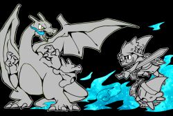 Rule 34 | 1boy, black background, blue fire, boots, bow (weapon), breathing fire, charizard, claws, clone, closed eyes, commentary request, copy ability, creatures (company), crossbow, dragon wings, fire, from side, full body, game freak, gen 1 pokemon, greyscale, grin, hand on own head, holding, holding another&#039;s leg, holding crossbow, holding sword, holding weapon, kirby, kirby (series), link, looking at another, master sword, monochrome, nintendo, open mouth, outline, pointy ears, pointy footwear, pointy hair, pokemon, pokemon (creature), shield, shield on back, shirt, short hair, shorts, simple background, smile, solid oval eyes, spot color, super smash bros., sword, teijiro, the legend of zelda, toon link, tunic, weapon, white outline, wings