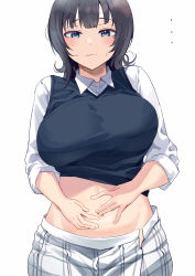Rule 34 | ..., 1girl, absurdres, alternate breast size, asaka karin, belly grab, black hair, blue eyes, blunt bangs, blush, breasts, cardigan vest, closed mouth, clothes lift, collared shirt, commentary request, hands on own stomach, highres, large breasts, long sleeves, looking at viewer, love live!, love live! nijigasaki high school idol club, medium hair, namazu (yamasonson), navel, plaid, shirt, shirt lift, simple background, solo, stomach, sweatdrop, wavy hair, white background, white shirt