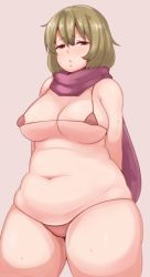 Rule 34 | 1girl, belly, bikini, blush, borrowed character, breasts, brown hair, cowboy shot, fat, fat rolls, female focus, half-closed eyes, large breasts, micro bikini, oozon (ozon), original, plump, puckered lips, scarf, short hair, solo, sweat, swimsuit, thick thighs, thighs, wide hips
