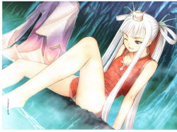 Rule 34 | 1girl, barefoot, china dress, chinese clothes, dress, highres, houmei, legs, long hair, long legs, one eye closed, open mouth, purple eyes, sega, shining (series), shining wind, solo, thighs, tony taka, twintails, white hair, wink