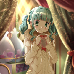 Rule 34 | 1girl, aqua hair, aran sweater, bag, blunt bangs, blush, bow, brown scarf, cable knit, curtains, fur scarf, futaba sana, futaba sana (winter costume), green eyes, hair ornament, hair scrunchie, head tilt, holding, holding bag, indoors, long sleeves, looking at viewer, magia record: mahou shoujo madoka magica gaiden, mahou shoujo madoka magica, medium hair, neck ribbon, red bow, red ribbon, ribbon, rikopin, scarf, scrunchie, sidelocks, smile, solo, split mouth, sweater, twintails, upper body, wavy hair, yellow scrunchie, yellow sweater
