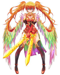 Rule 34 | 1girl, bird wings, boots, breasts, chinese clothes, cleavage, cleavage cutout, clothing cutout, dress, dual wielding, earrings, elbow gloves, gloves, green eyes, holding, jewelry, large breasts, leilan (p&amp;d), long hair, looking at viewer, multicolored wings, orange hair, puzzle &amp; dragons, short dress, smile, solo, sword, thigh boots, thighhighs, tonton (hamuni123), twintails, weapon, wings
