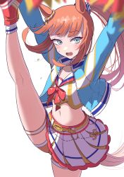 Rule 34 | animal ears, belt, blue eyes, blue jacket, blunt bangs, cheerleader, commentary request, cropped jacket, high ponytail, highres, holding, holding pom poms, horse ears, horse girl, horse tail, itosu200, jacket, knickers, long hair, midriff, miniskirt, navel, nice nature (run&amp;win) (umamusume), pom pom (cheerleading), pom poms, ponytail, red footwear, silence suzuka (umamusume), skirt, standing, standing on one leg, tail, thigh strap, umamusume, underpants