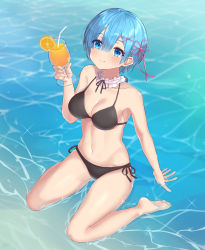 Rule 34 | 1girl, bare arms, bare shoulders, bikini, black bikini, blue eyes, blue hair, breasts, cleavage, collarbone, commentary request, cup, detached collar, drinking glass, drinking straw, food, from above, fruit, hair ornament, halterneck, highres, holding, holding glass, large breasts, looking at viewer, navel, neck ribbon, orange (fruit), orange slice, re:zero kara hajimeru isekai seikatsu, rem (re:zero), ribbon, shallow water, short hair, side-tie bikini bottom, sitting, smile, solo, sparkle, swimsuit, take (user ypzx8253), water, x hair ornament