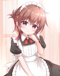 Rule 34 | 1girl, absurdres, alternate costume, apron, black dress, blush, brown eyes, brown hair, closed mouth, collared dress, dress, enmaided, folded ponytail, frilled apron, frills, hair between eyes, highres, inazuma (kancolle), kantai collection, kashiwadokoro, long hair, looking at viewer, maid, maid apron, maid headdress, short sleeves, smile, solo, upper body, white apron