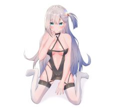 Rule 34 | 1girl, azur lane, blue eyes, blush, breasts, full body, highres, long hair, looking at viewer, medium breasts, mole, mole under eye, race queen, shoukaku (azur lane), shoukaku (sororal wings) (azur lane), silver hair, simple background, sitting, smile, solo, thighhighs, white background, white thighhighs, yuni tofu