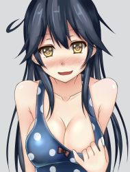 Rule 34 | 10s, ahoge, bad id, bad twitter id, black hair, blue one-piece swimsuit, blush, breasts, clothes pull, heart, heart-shaped pupils, kantai collection, medium breasts, naughty face, one-piece swimsuit, one-piece swimsuit pull, polka dot, polka dot swimsuit, ribbon, simple background, solo, swimsuit, symbol-shaped pupils, terakoya, ushio (kancolle)