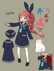 Rule 34 | 1girl, anko (himukai yuuji), ascot, ass, blue dress, blue eyes, bow, braid, character sheet, dress, female focus, french braid, full body, grey background, hair bow, himukai yuuji, loafers, open mouth, original, pantyhose, pink hair, ponytail, shoes, simple background, solo, white pantyhose