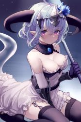 Rule 34 | 1girl, absurdres, bare shoulders, black horns, black thighhighs, blue flower, blue hair, breasts, cleavage, closed mouth, commentary request, dragon girl, dragon horns, dragon tail, flower, garter straps, gloves, hair between eyes, hair flower, hair ornament, headpiece, highres, holding, holding polearm, holding weapon, horns, karunabaru, looking at viewer, medium breasts, pink eyes, pointy ears, polearm, purple gloves, shadowverse, short hair, sitting, solo, tail, thighhighs, transparent, weapon, whitefrost dragonewt filene
