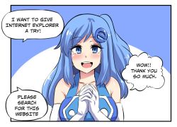 Rule 34 | 1girl, blue hair, blush, breasts, comic, english text, gloves, hair ornament, hairclip, highres, hinghoi, internet explorer, large breasts, long hair, open mouth, original, pov, shiny skin, side ponytail, smile, solo, white gloves