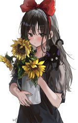 Rule 34 | 1girl, animal, arms at sides, black cat, black hair, black shirt, blush, bow, cat, flower, grey eyes, hair between eyes, hair bow, hand up, highres, holding, kiki (majo no takkyuubin), long hair, looking at viewer, majo no takkyuubin, red bow, red ribbon, ribbon, saya (mychristian2), shirt, short sleeves, signature, simple background, solo, sunflower, upper body, white background, yellow flower