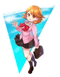 Rule 34 | 1girl, bag, black skirt, black socks, blue background, blue sky, blush, bow, bowtie, breasts, brown footwear, cloud, cloudy sky, collarbone, collared shirt, commentary request, earrings, english text, full body, gekkoukan high school uniform, hand up, highres, holding, jewelry, leaning back, legs, lens flare, loafers, long sleeves, looking at viewer, medium breasts, medium hair, miniskirt, necklace, open mouth, orange eyes, orange hair, persona, persona 3, pink shirt, pleated skirt, red bow, red bowtie, school bag, school uniform, shirt, shoes, skirt, sky, socks, solo, standing, striped clothes, striped shirt, stud earrings, swept bangs, takeba yukari, thighs, vertical-striped clothes, vertical-striped shirt, waving, white background, yuigata (somokosukosu69)