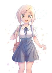 Rule 34 | 1girl, absurdres, bag, blonde hair, blue ribbon, blue skirt, carrying, collared shirt, commentary, handbag, high-waist skirt, highres, looking at viewer, magenta (atyana), miniskirt, mutou to satou, neck ribbon, open mouth, orange eyes, petals, ribbon, satou (mutou to satou), shirt, short hair, short sleeves, skirt, smile, solo, standing, suspender skirt, suspenders, swept bangs, white shirt