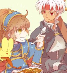 Rule 34 | 1boy, 1girl, 39acid, arle nadja, armor, bandana, black gloves, breastplate, brown hair, carbuncle (puyopuyo), closed eyes, closed mouth, creature, curry, dark skin, doppelganger schezo, food, gloves, holding, holding spoon, long sleeves, long tongue, medium hair, open mouth, plate, puyopuyo, red bandana, red eyes, short hair, shoulder armor, simple background, smile, spoon, tongue, vambraces, very long tongue, white hair, yellow background, yellow eyes