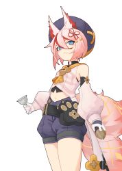 Rule 34 | 1girl, absurdres, animal ears, bare shoulders, beret, blue eyes, borlomi (zbw5142332), breasts, closed mouth, company connection, cosplay, crossover, cup, diona (genshin impact), diona (genshin impact) (cosplay), fang, fox ears, fox girl, fox tail, genshin impact, gloves, hair between eyes, hair ornament, hat, highres, higokumaru, holding, holding cup, honkai (series), honkai impact 3rd, looking at viewer, mihoyo, multicolored hair, pink hair, pink sleeves, pouring, purple hat, purple shorts, short hair, shorts, simple background, small breasts, solo, streaked hair, tail, transparent background, v-shaped eyebrows, white background, white gloves
