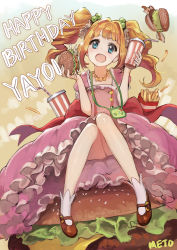 Rule 34 | 1girl, birthday, blush, burger, cup, disposable cup, dress, drink, drinking straw, food, french fries, green eyes, happy birthday, idolmaster, idolmaster (classic), jewelry, long hair, looking at viewer, meto31, necklace, open mouth, orange hair, pink dress, puffy short sleeves, puffy sleeves, short sleeves, sitting, smile, solo, takatsuki yayoi, twintails