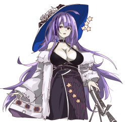 Rule 34 | 1girl, black dress, breasts, cleavage, clothes pull, cropped legs, dress, fur-trimmed jacket, fur trim, girls&#039; frontline, jacket, jacket pull, large breasts, long hair, looking at viewer, open mouth, pink eyes, purple hair, shitamichi 4444, solo, upper body, white background, white headwear, white jacket, wide sleeves, zb-26 (girls&#039; frontline)