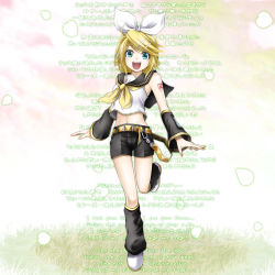 Rule 34 | 1girl, aqua eyes, bad id, bad pixiv id, belt, blonde hair, blue eyes, crop top, crop top overhang, detached sleeves, english text, hair ornament, hair ribbon, hairclip, happy, highres, kagamine rin, kuromayu, lyrics, midriff, music, navel, open mouth, ribbon, short hair, shorts, singing, smile, solo, vocaloid, wrists extended
