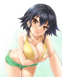 Rule 34 | 10s, 1girl, :o, bare arms, bare shoulders, bent over, bikini, bikini top only, black hair, blush, braid, breast hold, breasts, brown eyes, cle masahiro, cleavage, collarbone, flipped hair, foreshortening, girls und panzer, green shorts, hair between eyes, hanging breasts, head tilt, large breasts, looking at viewer, open mouth, outstretched arm, pepperoni (girls und panzer), short hair, short shorts, shorts, side braid, sidelocks, single braid, solo, sweatdrop, swimsuit, thigh gap, thighs, yellow bikini