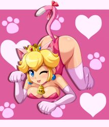 Rule 34 | 1girl, animal ears, ass, blonde hair, blue eyes, breasts, cat ears, cat girl, cat peach, cat tail, cleavage, crown, earrings, elbow gloves, gloves, heart, jewelry, kneeling, leotard, looking at viewer, mario (series), medium breasts, nintendo, one eye closed, pink gloves, pink leotard, pink thighhighs, princess peach, sigurd hosenfeld, super bell, super mario 3d world, tail, thighhighs, tongue, tongue out