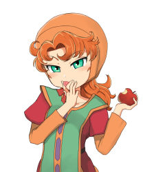 Rule 34 | 1girl, apple, blush, breasts, commentary request, curly hair, dragon quest, dragon quest vii, dress, food, fruit, green eyes, hand on own chin, hat, invisiblewanwano, layered sleeves, long hair, long sleeves, looking at viewer, maribel (dq7), red hair, short over long sleeves, short sleeves, simple background, small breasts, smile, solo, white background