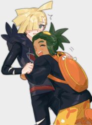 2boys backpack bag black_hoodie black_pants black_shirt blonde_hair blush closed_eyes creatures_(company) dark-skinned_male dark_skin drawstring fua1heyvot4ifsr game_freak gladion_(pokemon) green_eyes green_hair grey_background hair_over_one_eye hau_(pokemon) highres hood hood_down hoodie hug implied_yaoi male_focus multiple_boys nintendo open_mouth orange_bag orange_footwear pants pokemon pokemon_sm sandals shirt shorts simple_background torn_clothes torn_hoodie torn_pants yellow_shorts