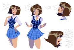 Rule 34 | 1girl, angry, artist name, badlavender, blue skirt, bob cut, breasts, brown hair, bullworth academy school uniform, bullworth academy uniform, bully (game), cardigan, checkered clothes, cleavage, collared shirt, cowboy shot, dialogues, english text, hand on own hip, highres, medium hair, multiple positions, open mouth, pinky gauthier, pleated skirt, school uniform, shirt, simple background, skirt, striped clothes, striped skirt, tagme, talking, vest, white background, white shirt, wing collar