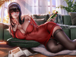 Rule 34 | 1girl, bare shoulders, black hair, black thighhighs, blush, book, bottle, breasts, cleavage, closed mouth, couch, curtains, cushion, dress, hairband, holding, holding bottle, indoors, large breasts, liang xing, lips, living room, long hair, looking at viewer, lying, on side, panties, pantyshot, red dress, red eyes, red sweater, solo, spy x family, sweater, sweater dress, thighhighs, underwear, white hairband, window, yor briar