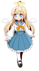 Rule 34 | 1girl, ahoge, black footwear, blonde hair, blue choker, blue eyes, blue sailor collar, blue skirt, blush, bow, breasts, center frills, choker, closed mouth, collarbone, detached wings, frilled skirt, frills, full body, halo, highres, long hair, long sleeves, looking away, looking to the side, medium breasts, mini wings, naga u, orange bow, original, pantyhose, pleated skirt, puffy long sleeves, puffy sleeves, sailor collar, school uniform, serafuku, shirt, shoes, short eyebrows, simple background, skirt, sleeves past wrists, smile, solo, thick eyebrows, very long hair, white background, white pantyhose, white shirt, wings