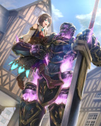 Rule 34 | 1girl, aqua eyes, armor, blue sky, boots, brown footwear, brown hair, building, clothing cutout, cloud, fantasy, fingernails, gauntlets, glint, glowing, greaves, helmet, highres, holding, holding sword, holding weapon, living armor, looking at another, mugetsu2501, original, pauldrons, puffy sleeves, red neckwear, short hair, shoulder armor, shoulder cutout, sitting, size difference, sky, smile, sword, teeth, tongue, upper teeth only, vambraces, weapon