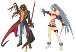Rule 34 | arc system works, bandages, bird, blazblue, brown hair, claws, coat, concept art, cuffs, grey hair, hawk, headband, long hair, perched, pointy ears, polearm, scar, shackles, shorts, tagme, weapon