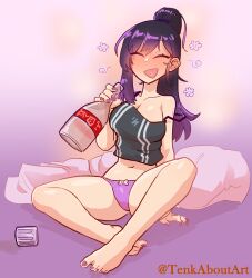 Rule 34 | 1girl, abs, alcohol, bikini, blush, breasts, cleavage, closed eyes, commentary, drink, drunk, english commentary, flower, highres, long hair, medium breasts, multicolored hair, nail, nail polish, navel, neck, nose, open mouth, original, pink bikini, ponytail, smile, solo, squeans, streaked hair, swimsuit, tenk