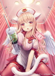 Rule 34 | 1girl, :3, :o, akkijin, angel wings, animal ears, bare shoulders, bed, between legs, blowing kiss, blush, border, breasts, cat ears, cat tail, catcine (shinkai no valkyrie), copyright name, crying, crying with eyes open, curtains, detached sleeves, dress, feathers, foreshortening, full body, hand between legs, hat, heart, indoors, large breasts, large syringe, long hair, looking at viewer, no shoes, nurse, nurse cap, official art, on bed, open mouth, outstretched arm, oversized object, paw print, pink hair, red eyes, red thighhighs, shinkai no valkyrie, short dress, sitting, sleeves past wrists, solo, sparkle, spread legs, striped clothes, striped thighhighs, syringe, tail, tears, thighhighs, very long hair, wariza, wings, zettai ryouiki