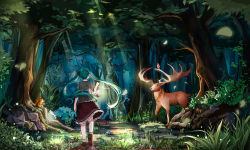 Rule 34 | 1girl, animal, aqua hair, bird, brown footwear, forest, from behind, grey shirt, hatsune miku, hnanati, lantern, leaf, light rays, long hair, nature, red skirt, shirt, shoes, skirt, solo, squirrel, stone, tree, twintails, very long hair, vocaloid