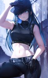 Rule 34 | 1girl, absurdres, baseball cap, belt, black belt, black gloves, black hat, black pants, black shirt, blue archive, blue eyes, blue hair, breasts, commentary, cowboy shot, cropped shirt, gloves, groin, hair over one eye, halo, hand on headwear, hat, hat over one eye, highres, long hair, looking at viewer, medium breasts, navel, outdoors, pants, parted lips, saori (blue archive), saya kuroha, shirt, sleeveless, sleeveless shirt, solo, standing, stomach