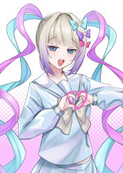 Rule 34 | 1girl, absurdres, blue bow, blue hair, blue jacket, bow, chouzetsusaikawa tenshi-chan, daoyan, drill hair, hair bow, heart, heart hands, highres, holographic clothing, jacket, long sleeves, multicolored hair, needy girl overdose, open mouth, pink bow, pink hair, purple bow, quad tails, sidelocks, simple background, skirt, solo, teeth, twin drills, upper teeth only, white hair, wig, yellow bow