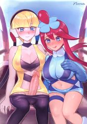 Rule 34 | 1futa, 1girl, absurdres, bad id, bad twitter id, blonde hair, blue eyes, blue gloves, blue shorts, breasts, cleavage, clothes pull, creatures (company), elesa (pokemon), erection, female pubic hair, futa with female, futanari, game freak, gloves, gym leader, hair ornament, hand on another&#039;s shoulder, heart, heart-shaped pupils, highres, imminent penetration, large breasts, licking lips, multiple girls, navel, nintendo, norza, pants, pants pull, penis, pokemon, pokemon bw, pubic hair, red hair, short shorts, shorts, skyla (pokemon), smile, stomach, symbol-shaped pupils, tongue, tongue out, uncensored