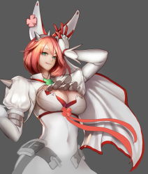 Rule 34 | 1girl, :q, aqua eyes, breasts, cleavage, cleavage cutout, clothing cutout, clover, covered navel, elphelt valentine, four-leaf clover, gloves, grey background, guilty gear, guilty gear xrd, highres, huge breasts, looking at viewer, monaim, pink hair, short hair, simple background, sketch, solo, spikes, tongue, tongue out, white gloves