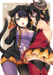 Rule 34 | 2girls, :o, :p, animal ears, animal hood, ao no neko, asymmetrical legwear, backless dress, backless outfit, bare back, bare shoulders, bell, black eyes, black gloves, black hair, black jacket, black legwear, black panties, border, bow, breast press, breasts, candy, cat hood, cat tail, collar, collarbone, cowboy shot, cross-laced clothes, dress, earclip, elbow gloves, eyelashes, food, gloves, hair between eyes, half gloves, halloween, halterneck, heads together, holding, holding food, hood, hooded jacket, horns, jacket, jingle bell, large breasts, lollipop, long hair, long sleeves, looking at viewer, mismatched legwear, multiple girls, neck bell, open clothes, open jacket, orange bow, orange gloves, orange shorts, original, panties, pantyhose, pantyshot, pleated dress, purple legwear, red legwear, rounded corners, sheep ears, sheep horns, short dress, shorts, standing, star (symbol), striped, striped bow, suspenders, tail, thighhighs, tongue, tongue out, underwear, uneven eyes, white border, winged hair ornament