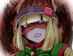Rule 34 | 1girl, absurdres, angry, arms (game), beanie, blonde hair, chinese clothes, facepaint, green eyes, hat, highres, looking at viewer, mask, min min (arms), short hair, solo
