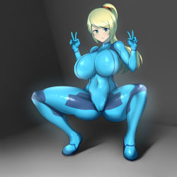 Rule 34 | 1girl, blonde hair, blue eyes, bodysuit, breasts, cameltoe, cleft of venus, covered navel, double v, highres, huge breasts, large breasts, looking at viewer, metroid, navel, nintendo, samus aran, simple background, sinensian, skin tight, solo, squatting, v, zero suit