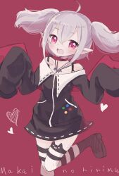 Rule 34 | 1girl, ahoge, animal ear legwear, bare shoulders, bat necklace, black footwear, black jacket, black skirt, blush, boots, cat ear legwear, character name, collar, demon wings, dyed ahoge, fang, foot out of frame, grey hair, hands up, heart, highres, jacket, karunabaru, leg up, makaino ririmu, makaino ririmu (2nd costume), medium hair, multicolored hair, nijisanji, off-shoulder jacket, off shoulder, open mouth, platform boots, platform footwear, pointy ears, red background, red collar, red eyes, red hair, red wings, sidelocks, simple background, skirt, sleeves past fingers, sleeves past wrists, smile, solo, striped clothes, striped thighhighs, thighhighs, twintails, two-tone hair, two-tone legwear, virtual youtuber, wings, zettai ryouiki