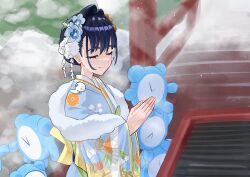 Rule 34 | 1girl, absurdres, blue hair, blue kimono, boros (ouro kronii), closed eyes, closed mouth, floral print, floral print kimono, flower, fur trim, hair bun, hair flower, hair intakes, hair ornament, hands up, highres, hololive, hololive english, japanese clothes, kanzashi, kimono, koizumi arata, kronie (ouro kronii), new year, obi, official alternate costume, ouro kronii, ouro kronii (new year), praying, print kimono, sash, short hair, single hair bun, snake print, virtual youtuber, wide sleeves